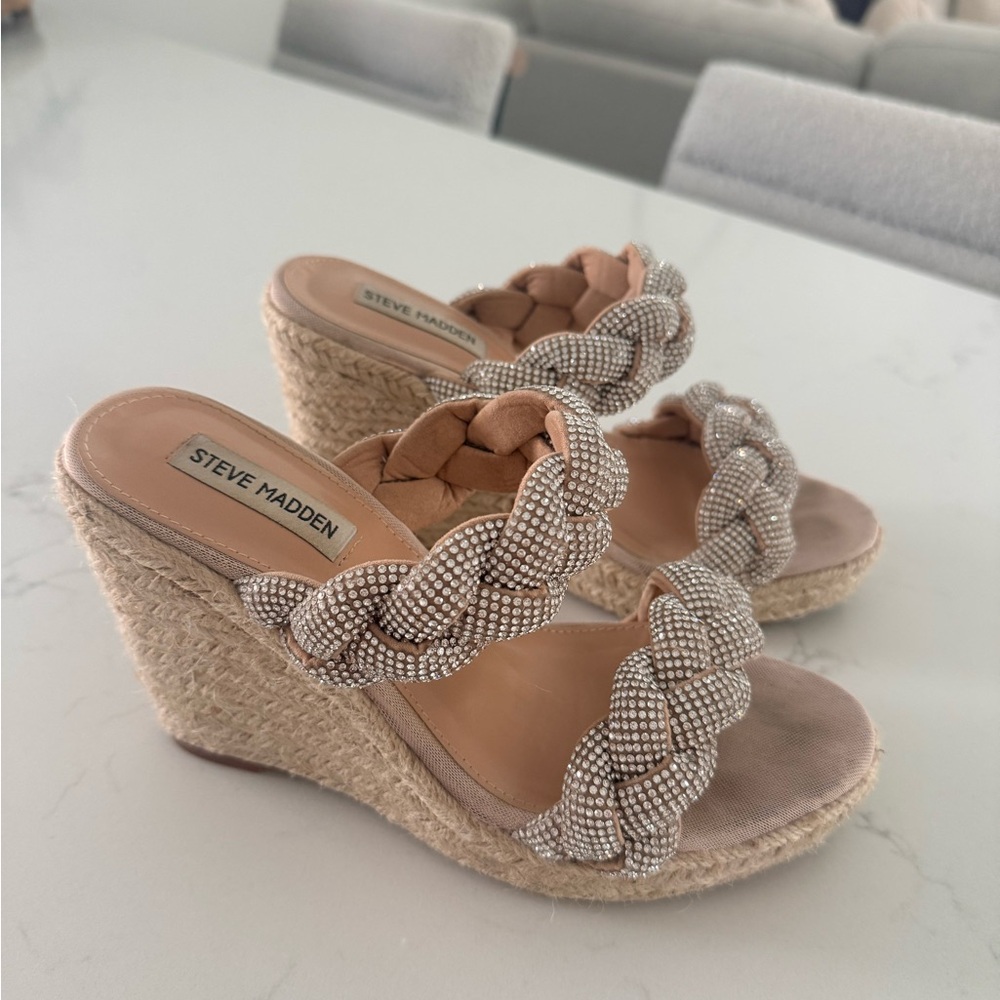 Steve Madden Crystal Braided Espadrille Wedge Sandals in Nude